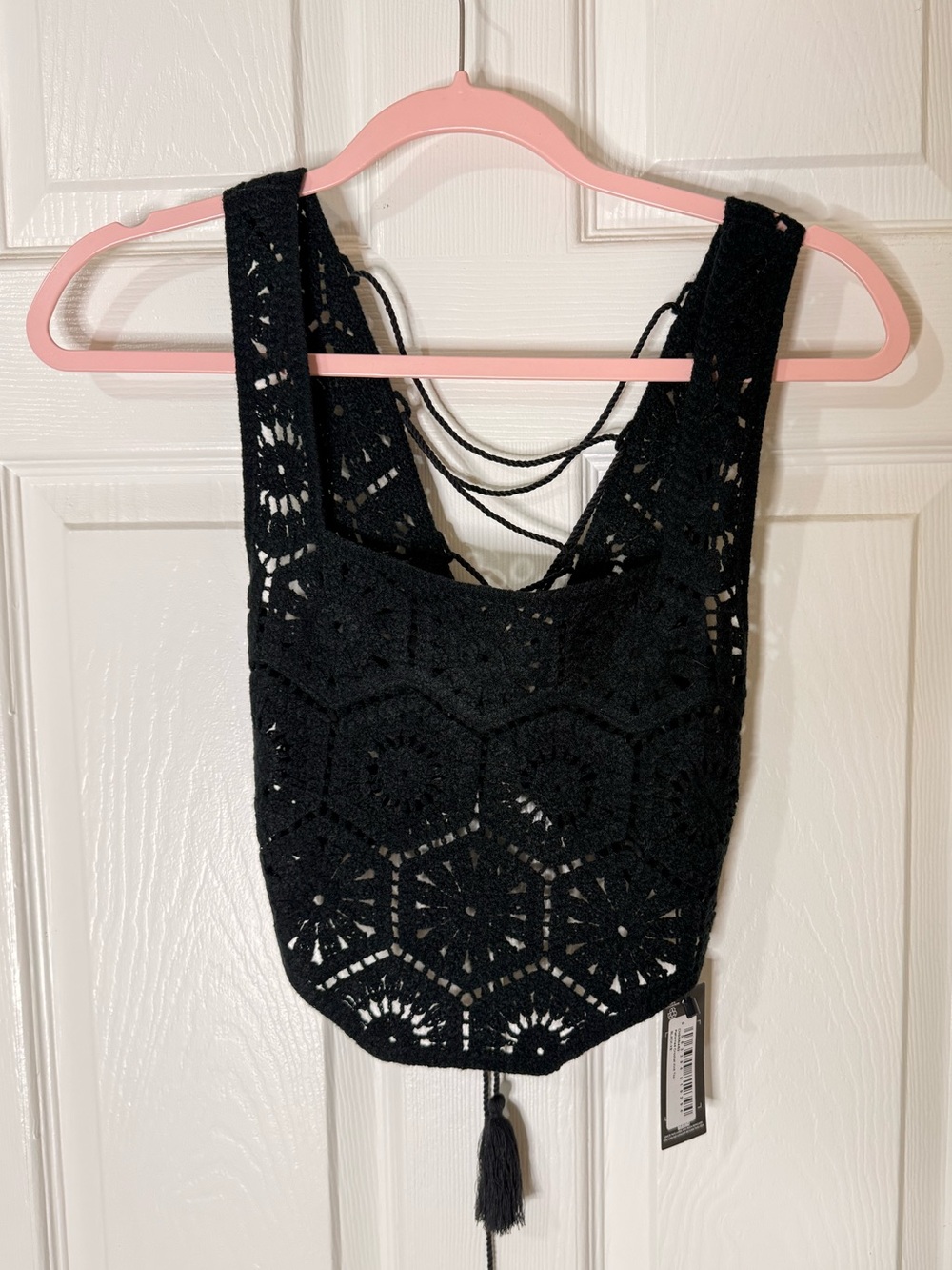 PrettyLittleThing Black Crochet Tassel Crop Top